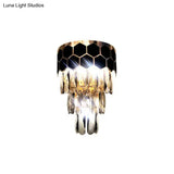 Tiered Wall Lamp With Crystal Block In Black - Modern Metal Lighting For Bedroom