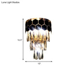 Tiered Wall Lamp With Crystal Block In Black - Modern Metal Lighting For Bedroom