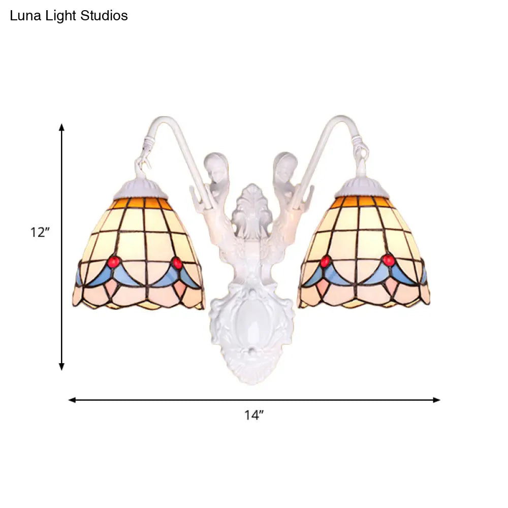 Tiffany 2-Head White Wall Sconce Light With Stained Glass And Mermaid Decoration