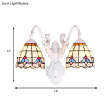 Tiffany 2-Head White Wall Sconce Light With Stained Glass And Mermaid Decoration