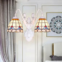 Tiffany 2-Head White Wall Sconce Light With Stained Glass And Mermaid Decoration
