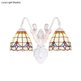Tiffany 2-Head White Wall Sconce Light With Stained Glass And Mermaid Decoration