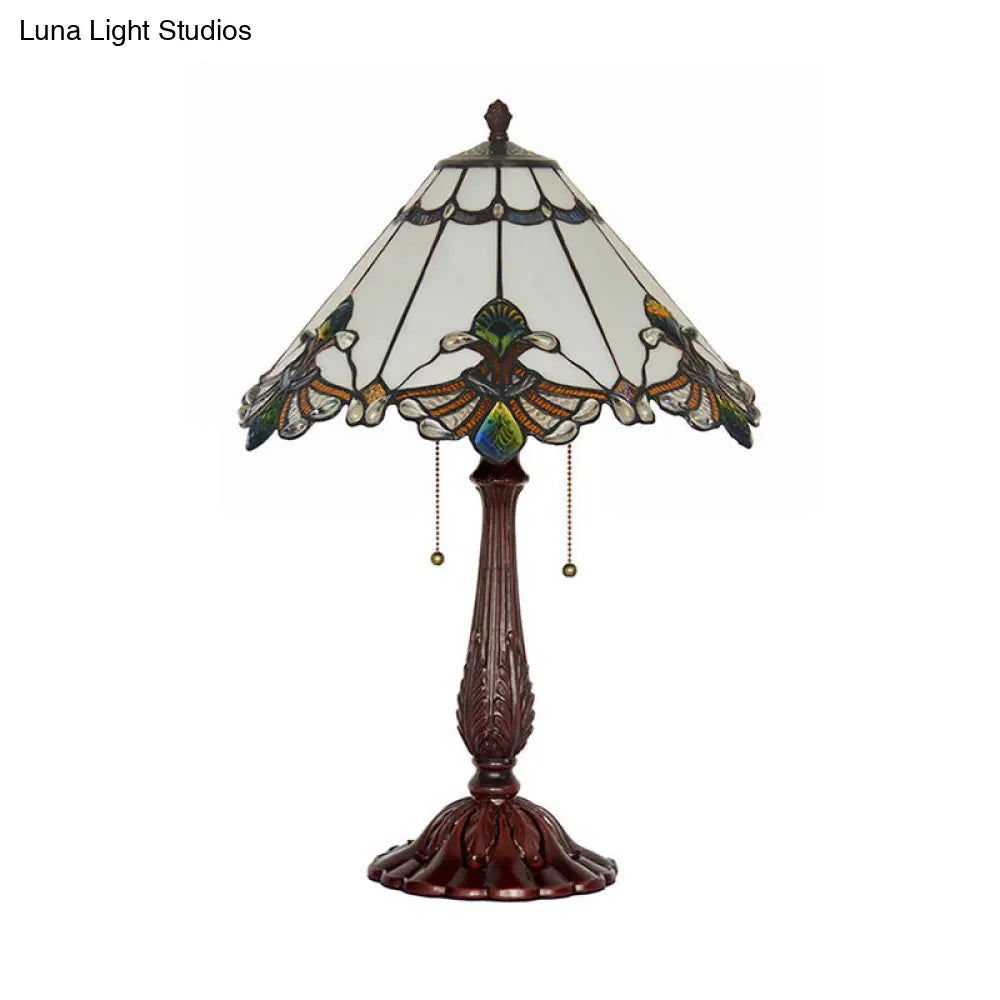 Tiffany 2-Light Bronze Table Lamp With White Glass Goose Pattern & Pulling Chain
