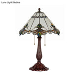 Tiffany 2-Light Bronze Table Lamp With White Glass Goose Pattern & Pulling Chain