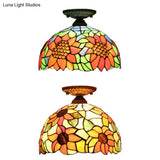 Tiffany 2-Light Domed Semi Flush Mount Ceiling Light With Sunflower Pattern In Brass/Bronze -