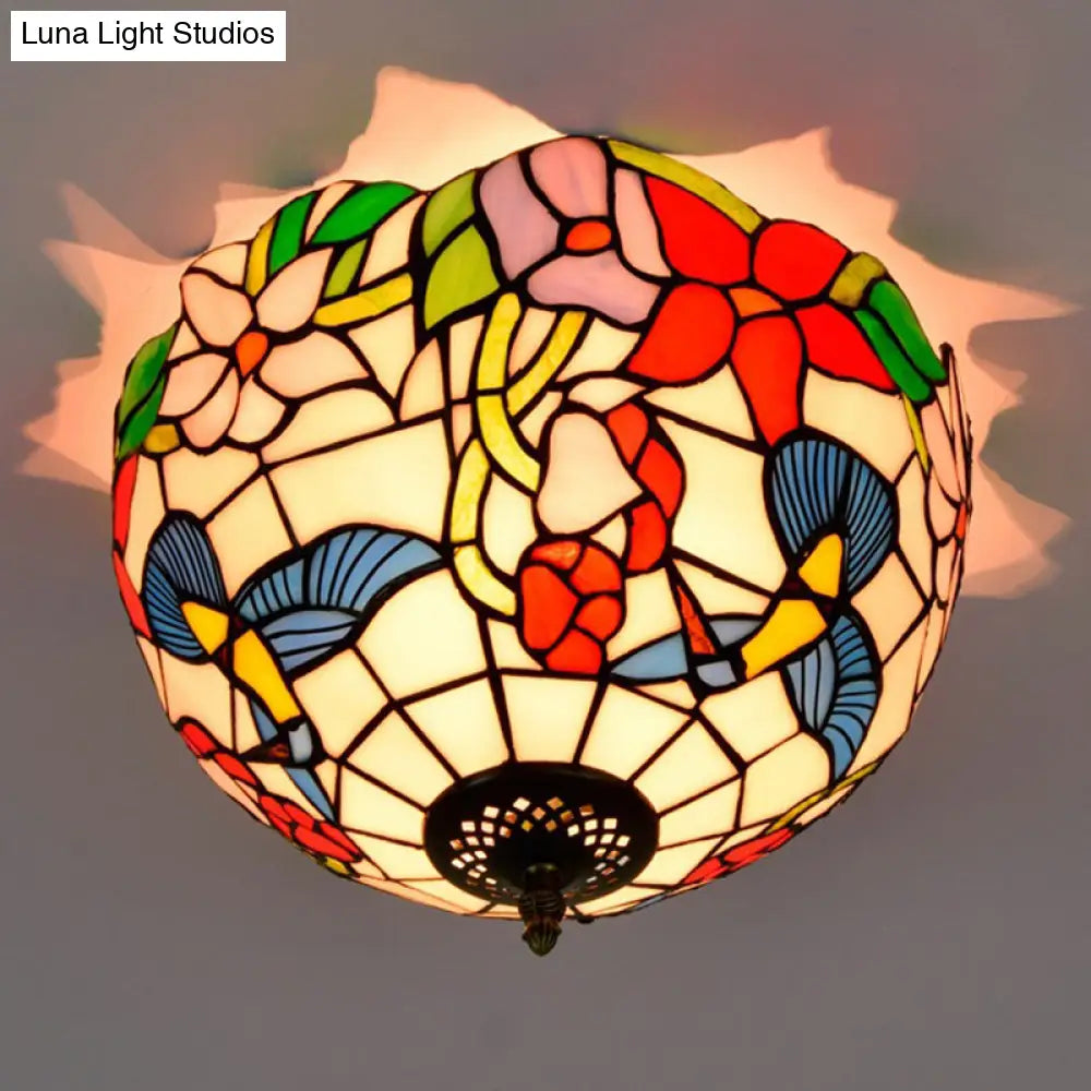 Tiffany 2-Light Stained Glass Floral Ceiling Fixture – Brass Flush Mount For Bedroom