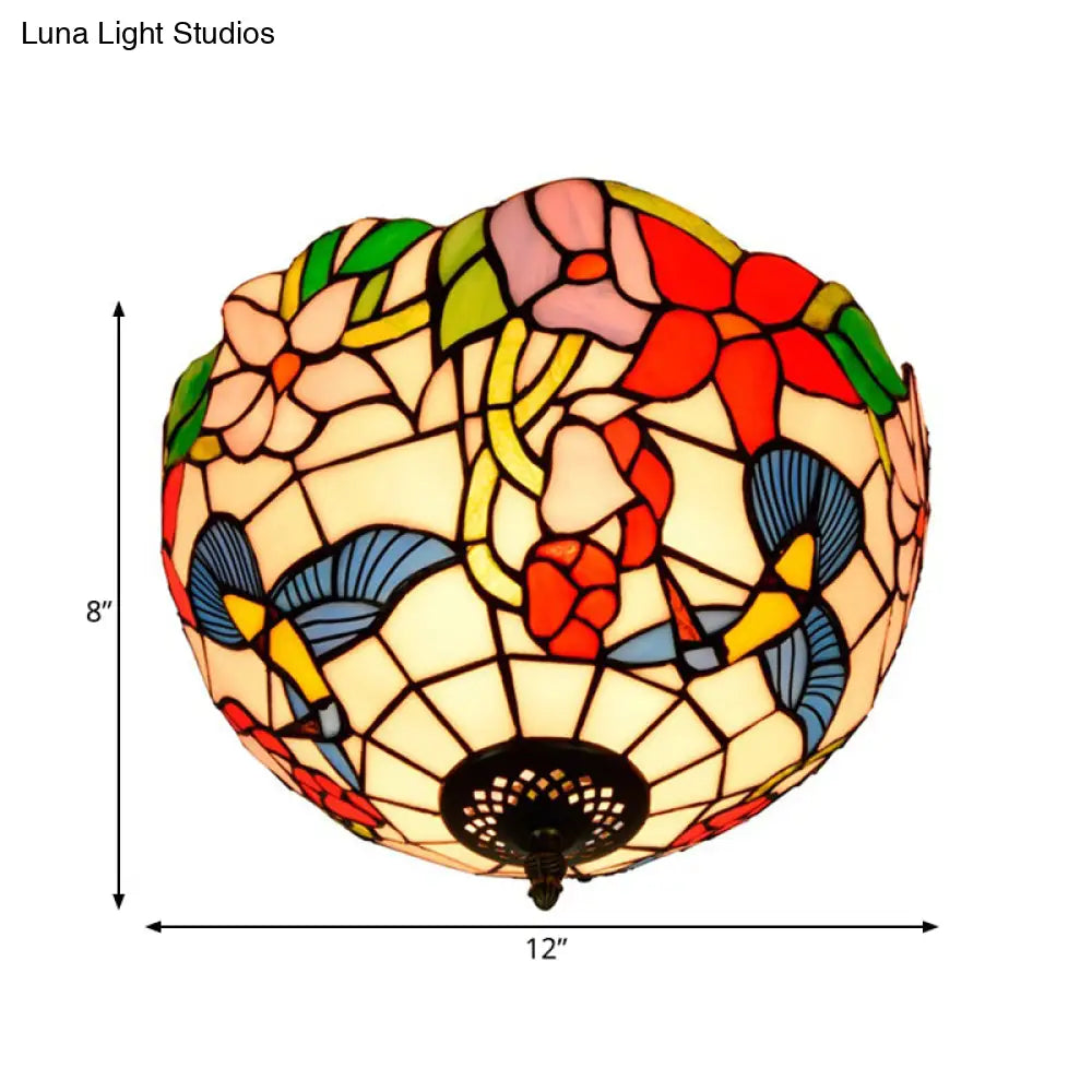 Tiffany 2-Light Stained Glass Floral Ceiling Fixture – Brass Flush Mount For Bedroom