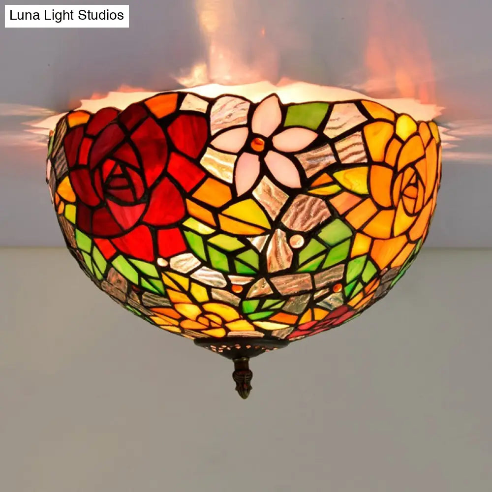 Tiffany 2-Light Stained Glass Floral Ceiling Fixture – Brass Flush Mount For Bedroom