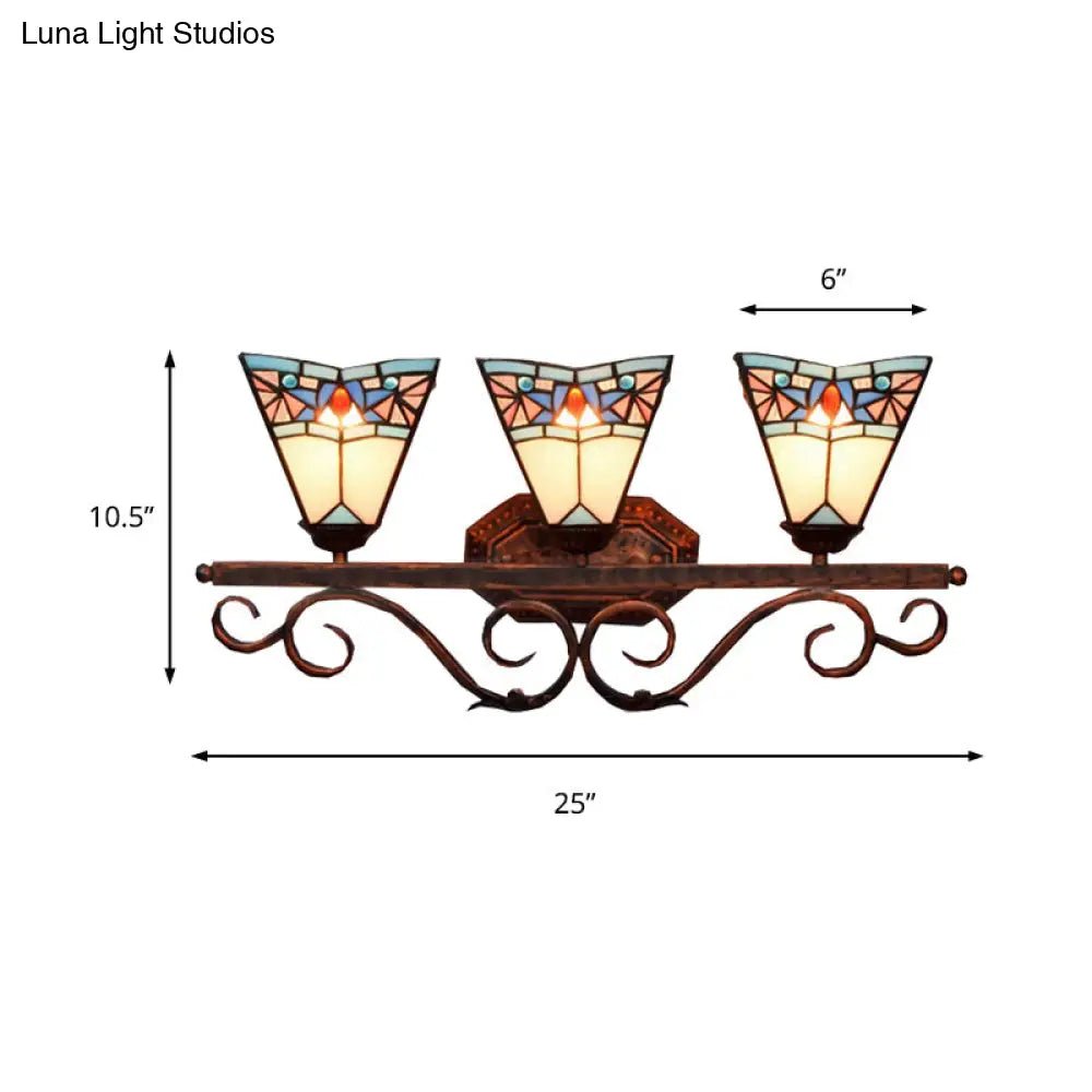 Tiffany Antique Wall Light In Black/Green/Blue Glass Pattern With 3 Bulbs Perfect For Living Room
