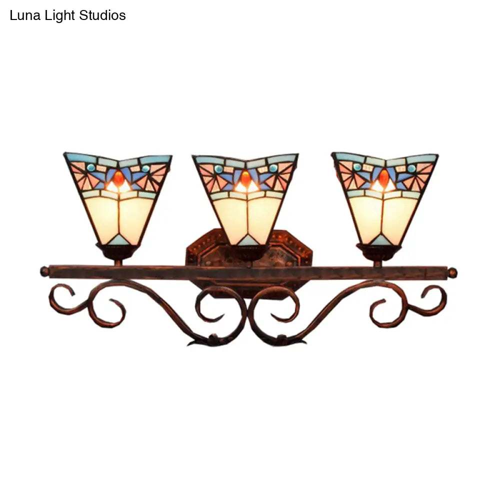 Tiffany Antique Wall Light In Black/Green/Blue Glass Pattern With 3 Bulbs Perfect For Living Room