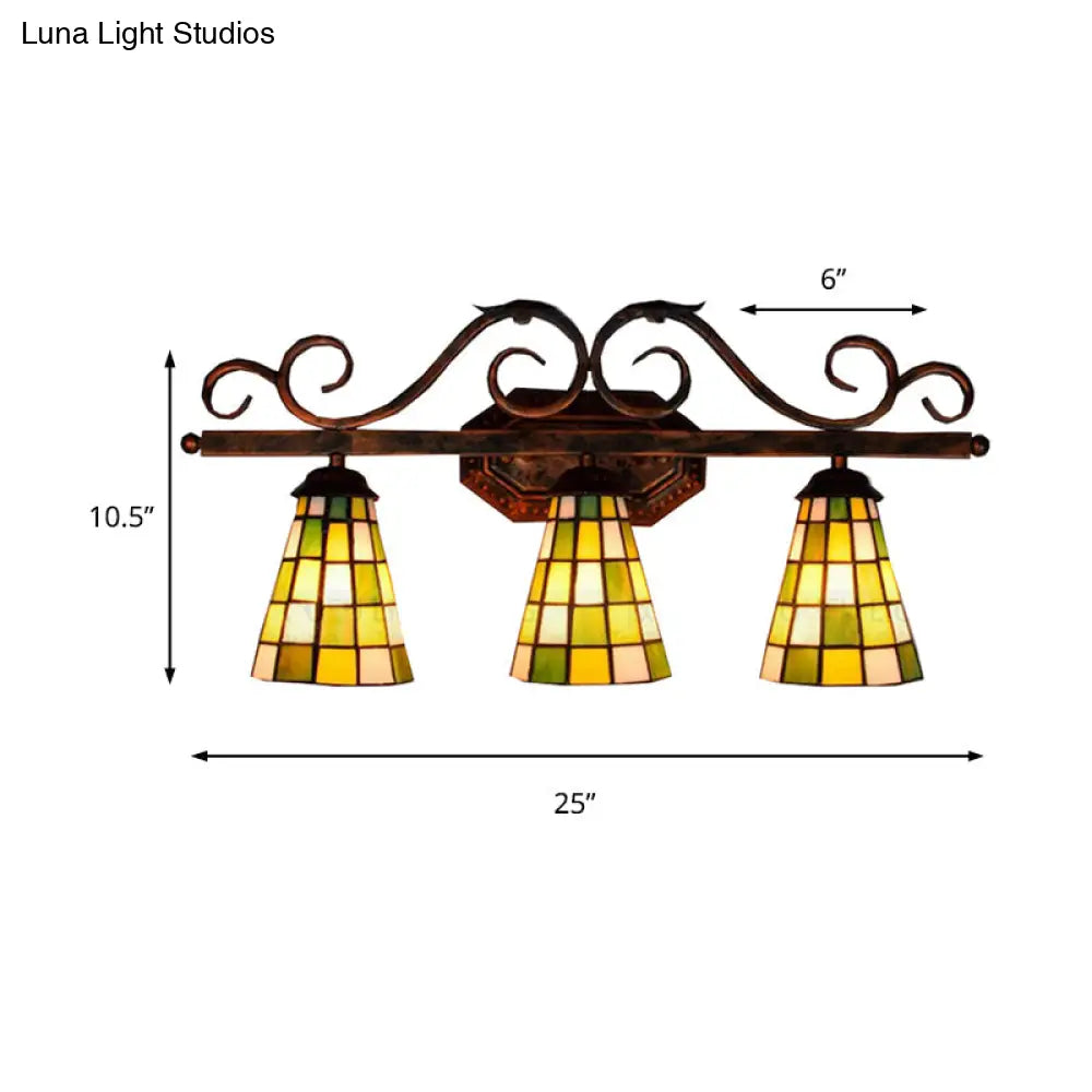 Tiffany Antique Wall Light In Black/Green/Blue Glass Pattern With 3 Bulbs Perfect For Living Room