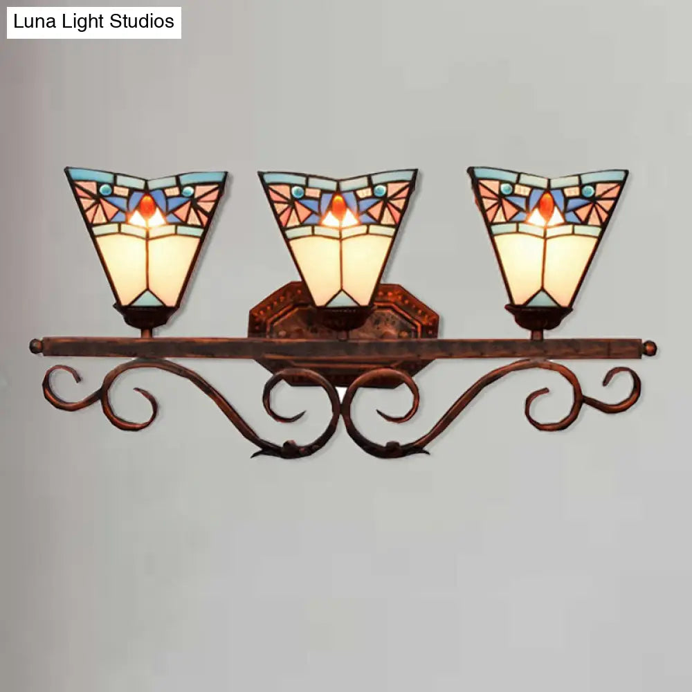 Tiffany Antique Wall Light In Black/Green/Blue Glass Pattern With 3 Bulbs Perfect For Living Room