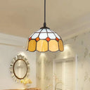 Tiffany Art Glass Dome Pendant Light - Beige/Orange/Blue 1 Bulb Ceiling Hang Fixture For Living