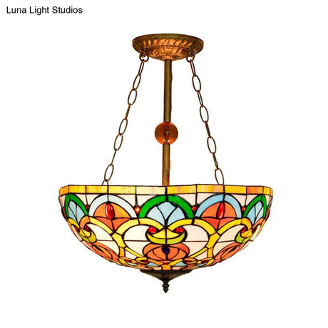 Tiffany Baroque Bowl Stained Glass Ceiling Light - Green/Red Semi Flush Mount For Villas