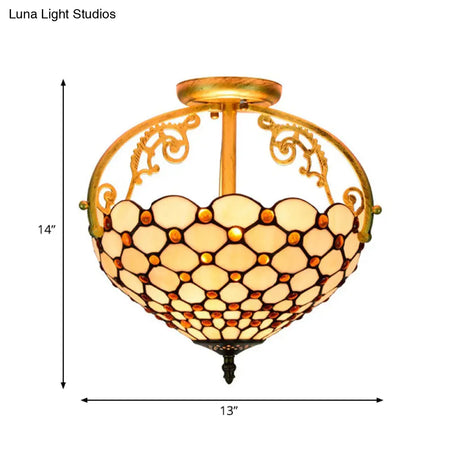 Tiffany Beaded Semi Flush Mount Ceiling Fixture - Cut Glass Beige 2 Lights Stylish