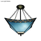 Tiffany Bedroom Ceiling Lights - 3-Light Pyramid Semi Flush With Chain And Stained Glass Shade