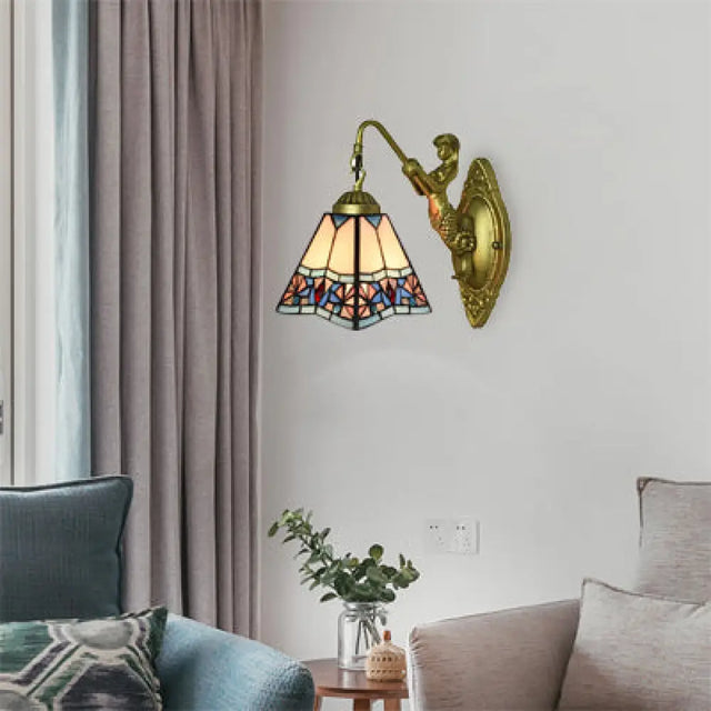 Tiffany Beige Glass Trapezoid Sconce Wall Light Fixture For Living Room