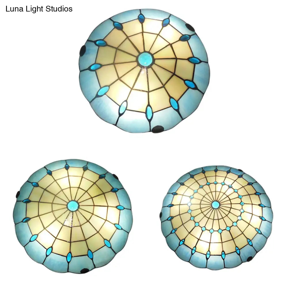 Tiffany Blue Dome Shade Flush Mount Ceiling Light With Jewel Decoration - Available In