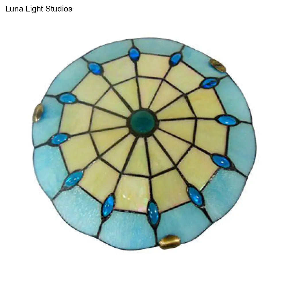 Tiffany Blue Dome Shade Flush Mount Ceiling Light With Jewel Decoration - Available In