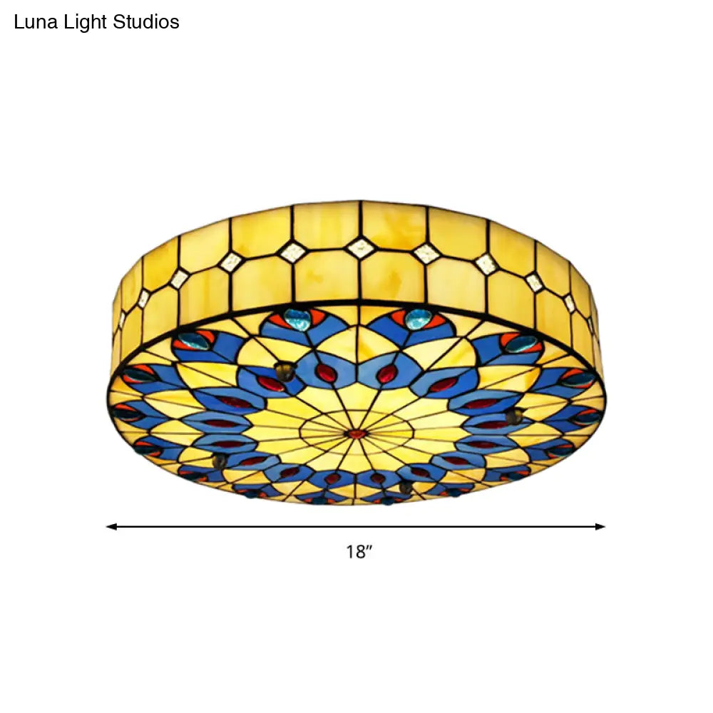 Tiffany Blue Peacock Design Flushmount Ceiling Light For Restaurants - 16’/18’ Round Shade