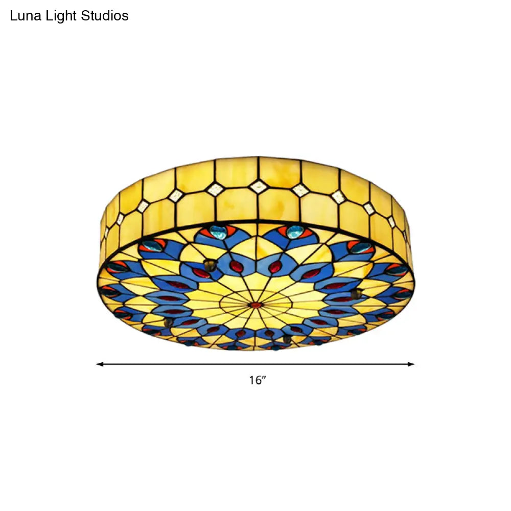 Tiffany Blue Peacock Design Flushmount Ceiling Light For Restaurants - 16’/18’ Round Shade