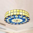 Tiffany Blue Peacock Design Flushmount Ceiling Light For Restaurants - 16’/18’ Round Shade / 16’