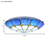 Tiffany Blue Stained Glass Flush Ceiling Light With Bowl Shade - Perfect For Living Room