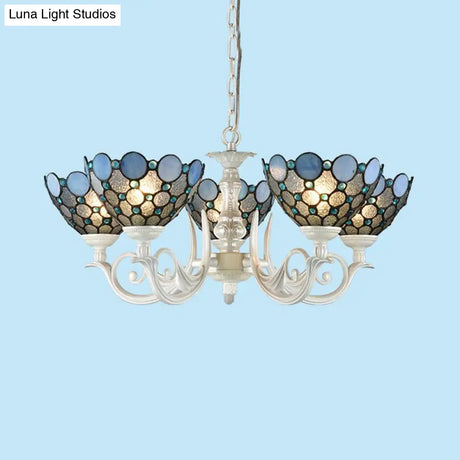 Tiffany Bowl Chandelier Lighting With 3/5 Lights - Cut Glass Hanging Lamp In White For Bedroom