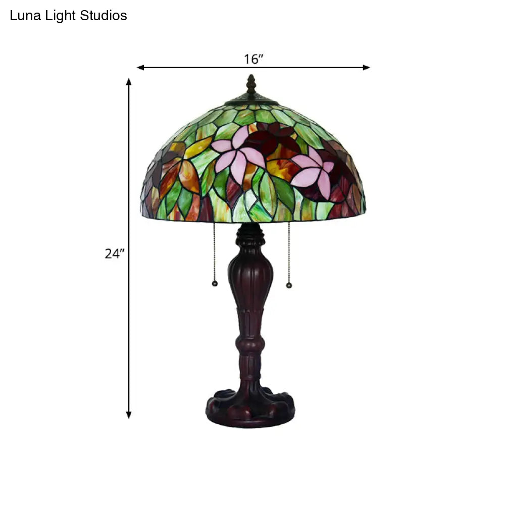 Tiffany Bowl Stained Glass Table Lamp In Bronze - Pull-Chain Nightstand Light With 2 Bulbs