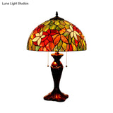 Tiffany Bowl Stained Glass Table Lamp In Bronze - Pull-Chain Nightstand Light With 2 Bulbs