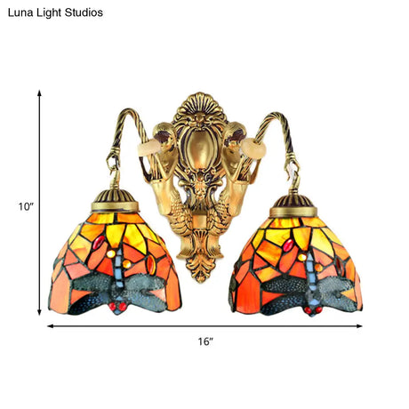 Tiffany Brass/White Stained Glass 2-Head Dome Sconce Wall Mount Light With Dragonfly Pattern