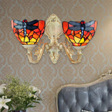 Tiffany Brass/White Stained Glass 2-Head Dome Sconce Wall Mount Light With Dragonfly Pattern White