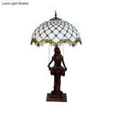 Tiffany Bronze 2-Light Reading Girl Table Lamp With Pull Chain Bird Blue-Brown Glass Shade