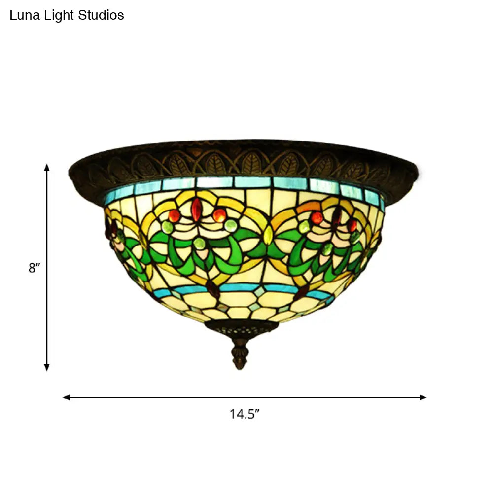 Tiffany Bronze Flush Mount 2 - Bulb Corridor Ceiling Lamp With Stained Glass Shade