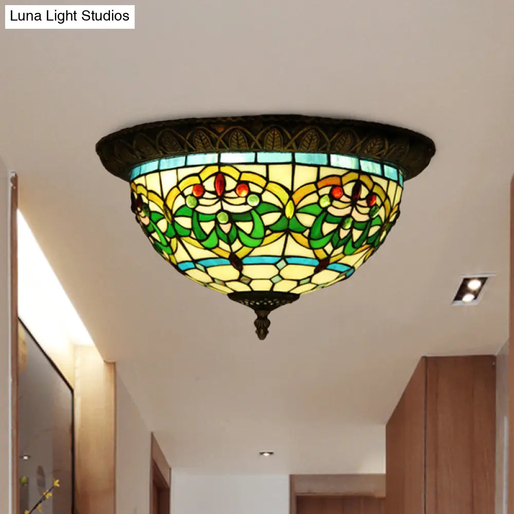 Tiffany Bronze Flush Mount 2 - Bulb Corridor Ceiling Lamp With Stained Glass Shade