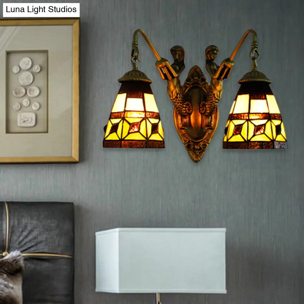 Tiffany Cone Beige Glass Wall Sconce - Antique Brass Finish Dual-Headed Lighting Fixture