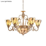 Tiffany Cone Pendant Light - 9/11 Lights Beige Stained Glass Chandelier With Leaf Pattern