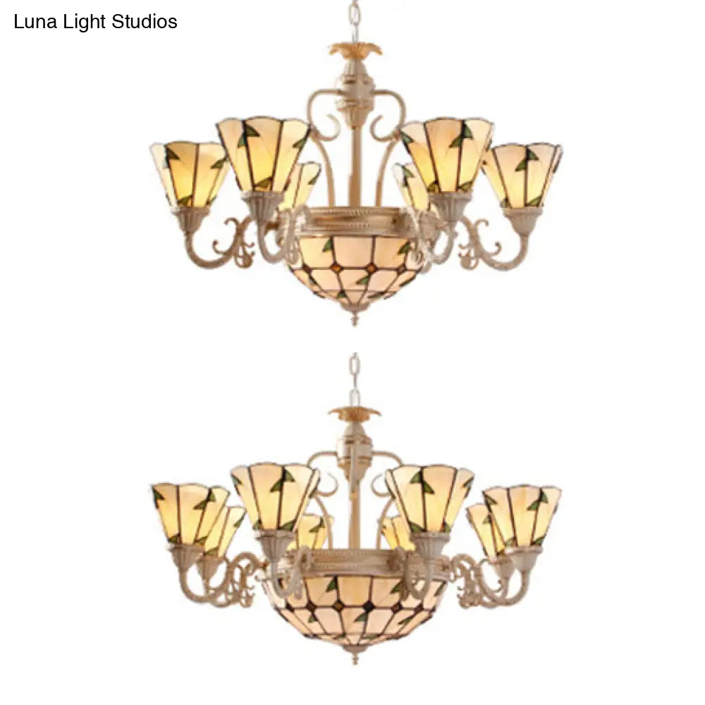Tiffany Cone Pendant Light - 9/11 Lights Beige Stained Glass Chandelier With Leaf Pattern
