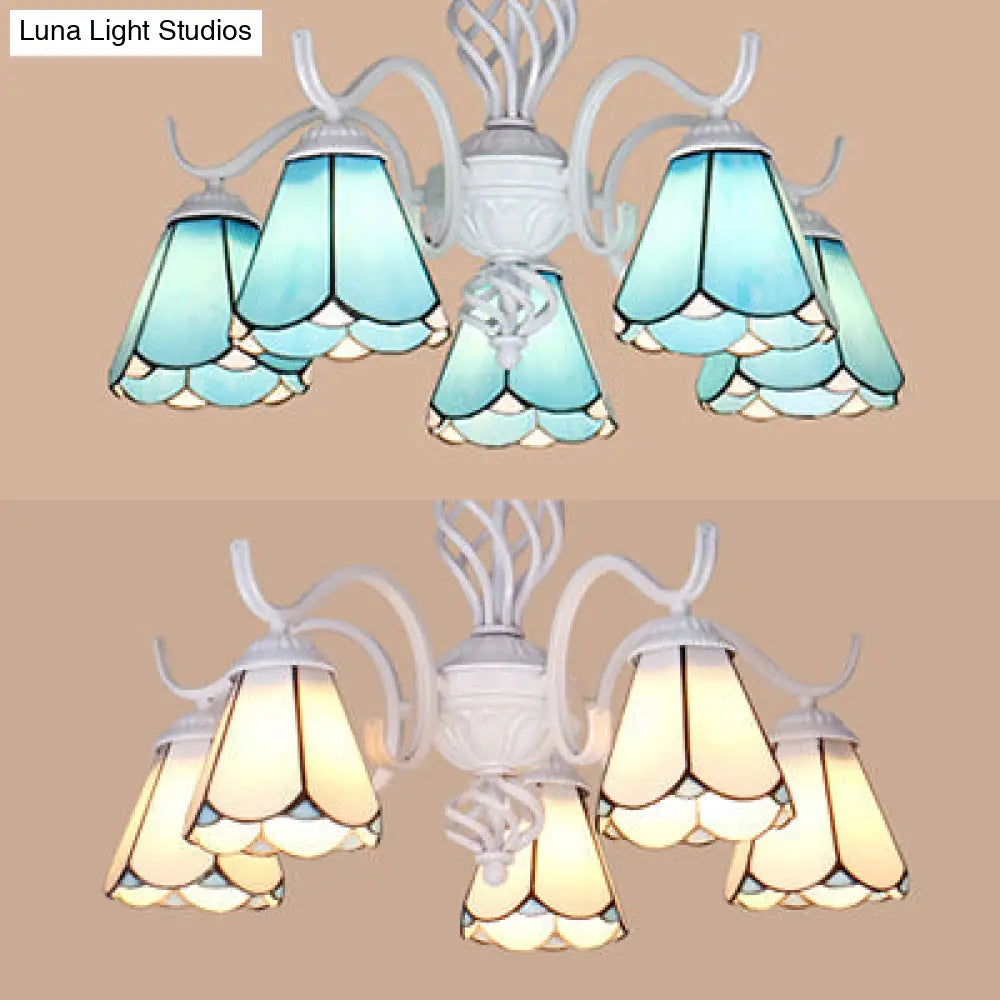 Tiffany Conical Shade Pendant Light With 5 Stained Glass Lights In White/Blue For Living Room