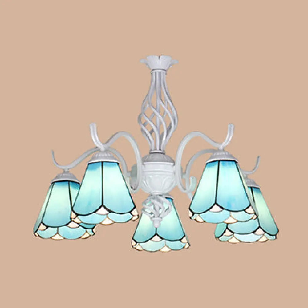 Tiffany Conical Shade Pendant Light With 5 Stained Glass Lights In White/Blue For Living Room Blue