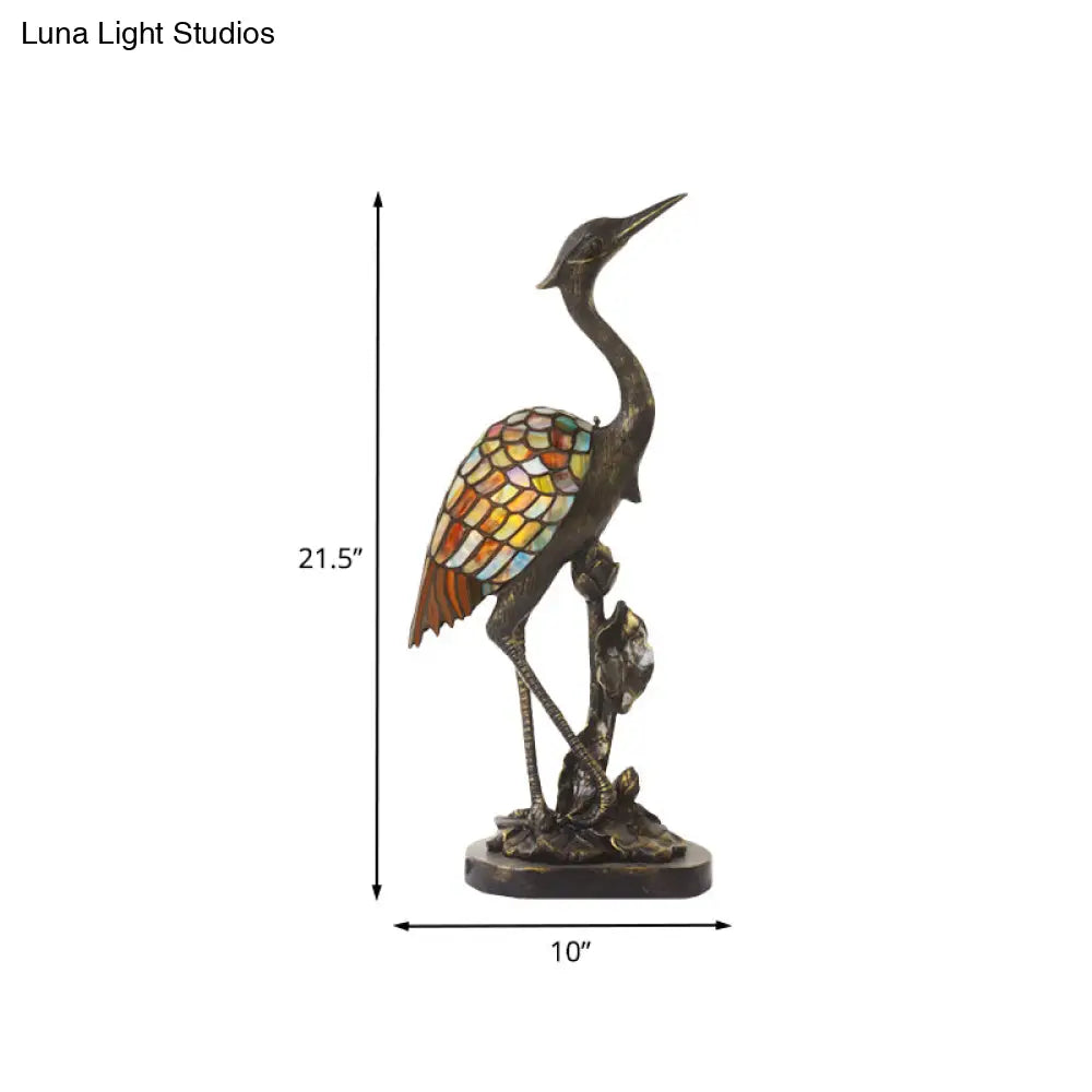 Tiffany Crane Stained Glass Table Lamp With Bronze Finish - 1 Light Plug-In Night