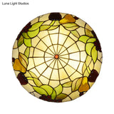 Tiffany Cut Glass Flush Mount Ceiling Lamp With Fruit Pattern In Green