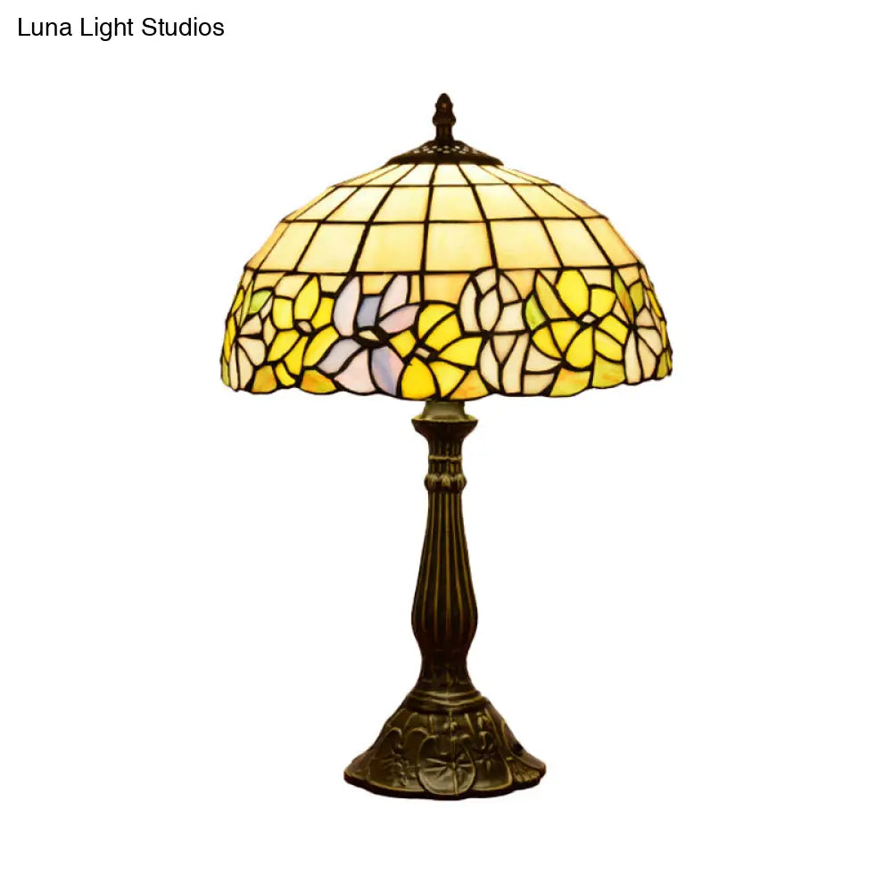 Tiffany Cut Glass Night Lamp With Gridded Bronze Shade - Flower-Border Design