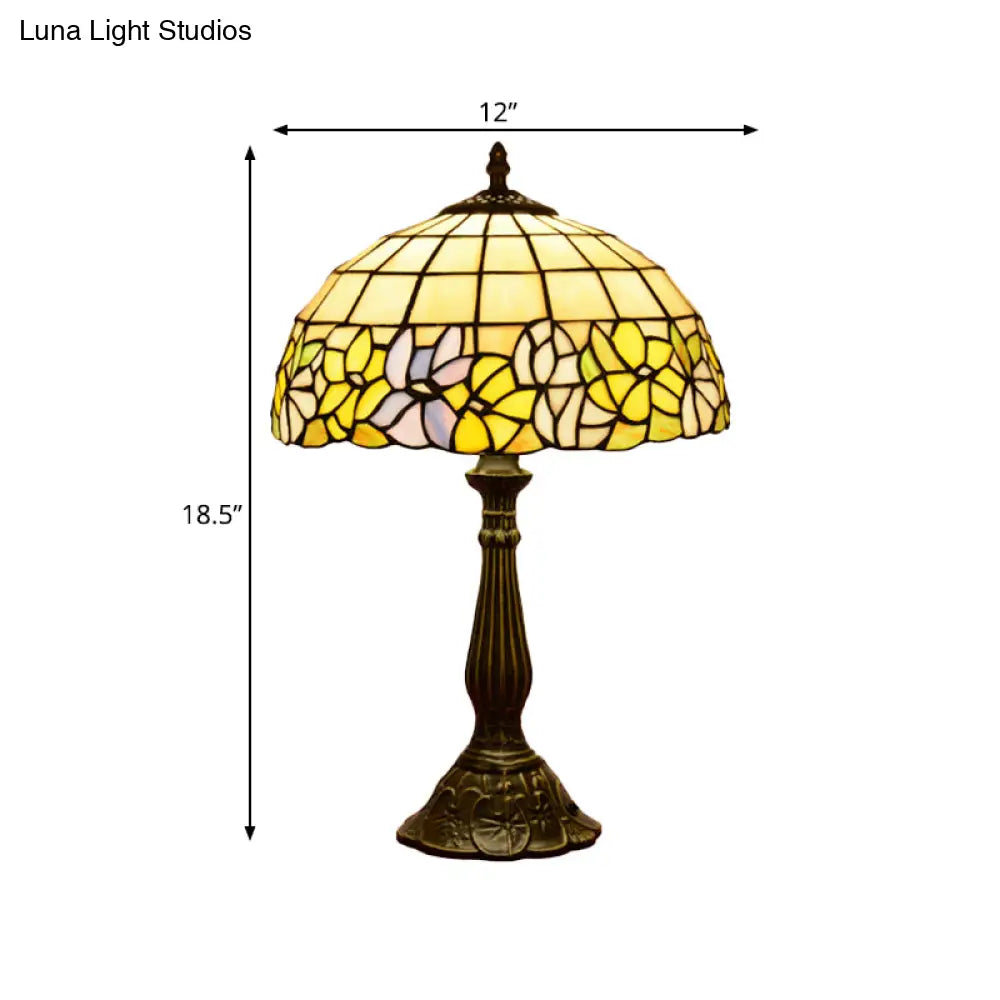 Tiffany Cut Glass Night Lamp With Gridded Bronze Shade - Flower-Border Design