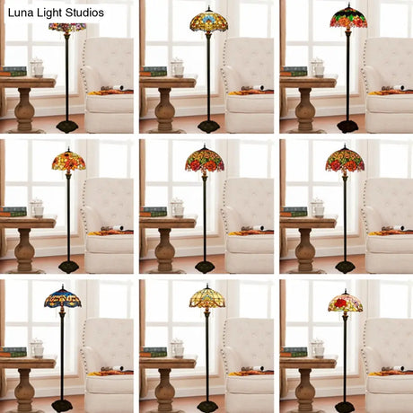 Tiffany Dome Shade Floor Lamp - Handcrafted Glass Pull Chain 2 Bulbs