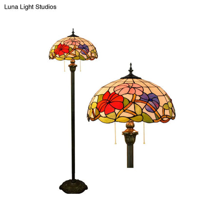 Tiffany Dome Shade Floor Lamp - Handcrafted Glass Pull Chain 2 Bulbs