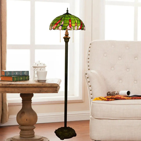 Tiffany Dome Shade Floor Lamp - Handcrafted Glass Pull Chain 2 Bulbs Green