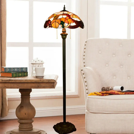 Tiffany Dome Shade Floor Lamp - Handcrafted Glass Pull Chain 2 Bulbs Tan