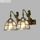Tiffany Dome Vanity Sconce Light - 2 Head White/Blue Glass Wall Mount For Bathroom