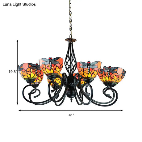 Tiffany Dragonfly Ceiling Chandelier With Curved Arm - Stained Glass Indoor Lighting (6/8 Heads)